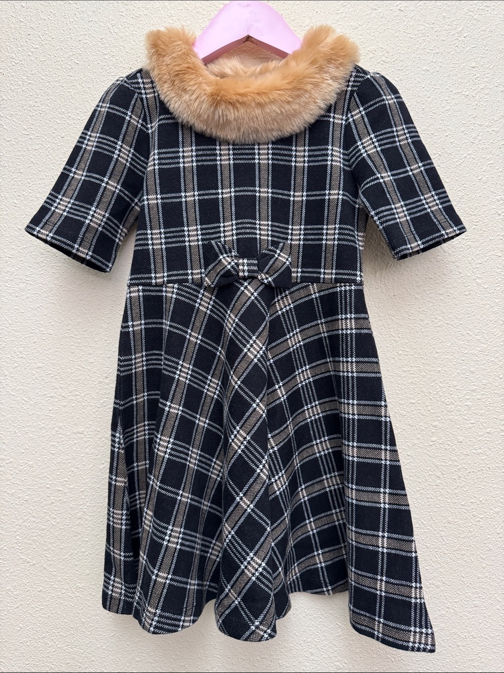 Janie and Jack Girls Black Plaid Dress with Faux Fur Collar Special Occasions 5